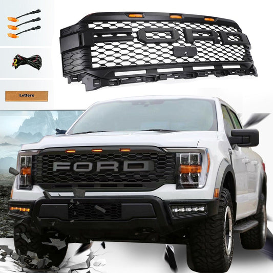 Grill For 2021 2022 2023 Ford f150 Raptor Grill Replacement W/LED Lights & Letters Matte Black - Edwins Mechanic Shop LLC